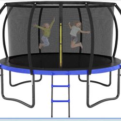 12 FT Outdoor pumpkin Trampoline, Recreational Trampolines for Kids/Adults with Enclosure Net, Curved Poles and Ladder