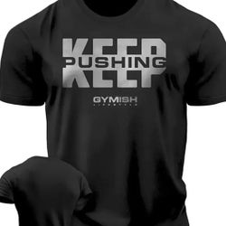 Men's Oversized 100% Cotton T-Shirt - Quick-Dry Gym & Casual Wear with Motivational "Keep Pushing GYMISH" Print, Pre-Shrunk Breathable Fabric
