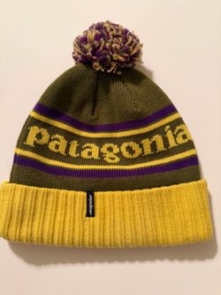 Patagonia Powder Town Beanie OS Toboggan Green/Lime Striped Knit Pom Pom
