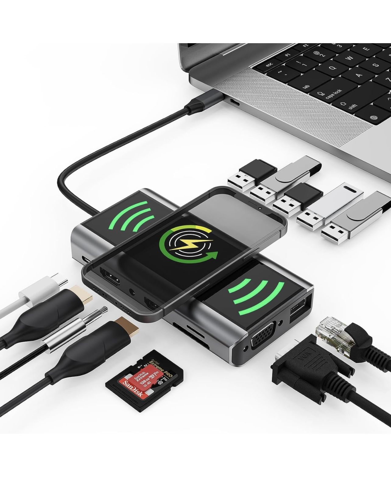 USB C Docking Station Dual Monitor, 14-in-1 Triple Display Laptop Docking Station with Wireless Charging+2 HDMI 4K+VGA+Ethernet+100W PD+SD/TF+Audio+5