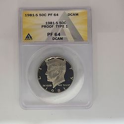 1981-S Kennedy Half Dollar 50C Proof Type 1 ANACS PF 64 DCAM Deep Cameo Coin USA