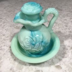Vintage Avon Turquoise Green Jadeite Pitcher With Stopper And Bowl.  $35