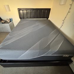 Queen bed and mattress. Upholstered frame with drawers and 14” bamboo/charcoal memory foam mattress