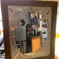 19” x 23 1/2” Etched mirror with oak frame