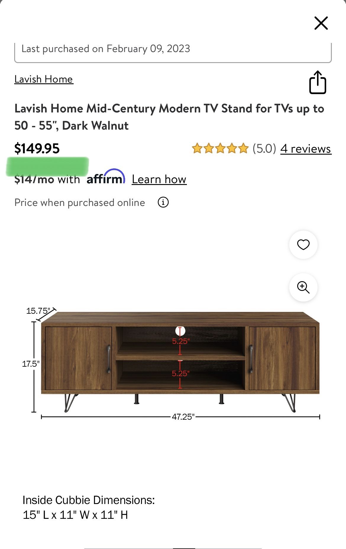 Mid-Century Modern TV Stand for TVs up to 50 - 55", Dark Walnut