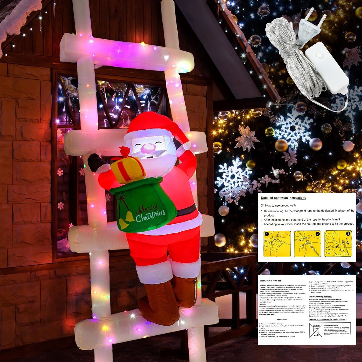 9 ft Light up Christmas Inflatable Santa Claus LED Light String Plug Hanging Balcony Roof Garage Door Porch Gutter Windproof Nylon Ropes Studs