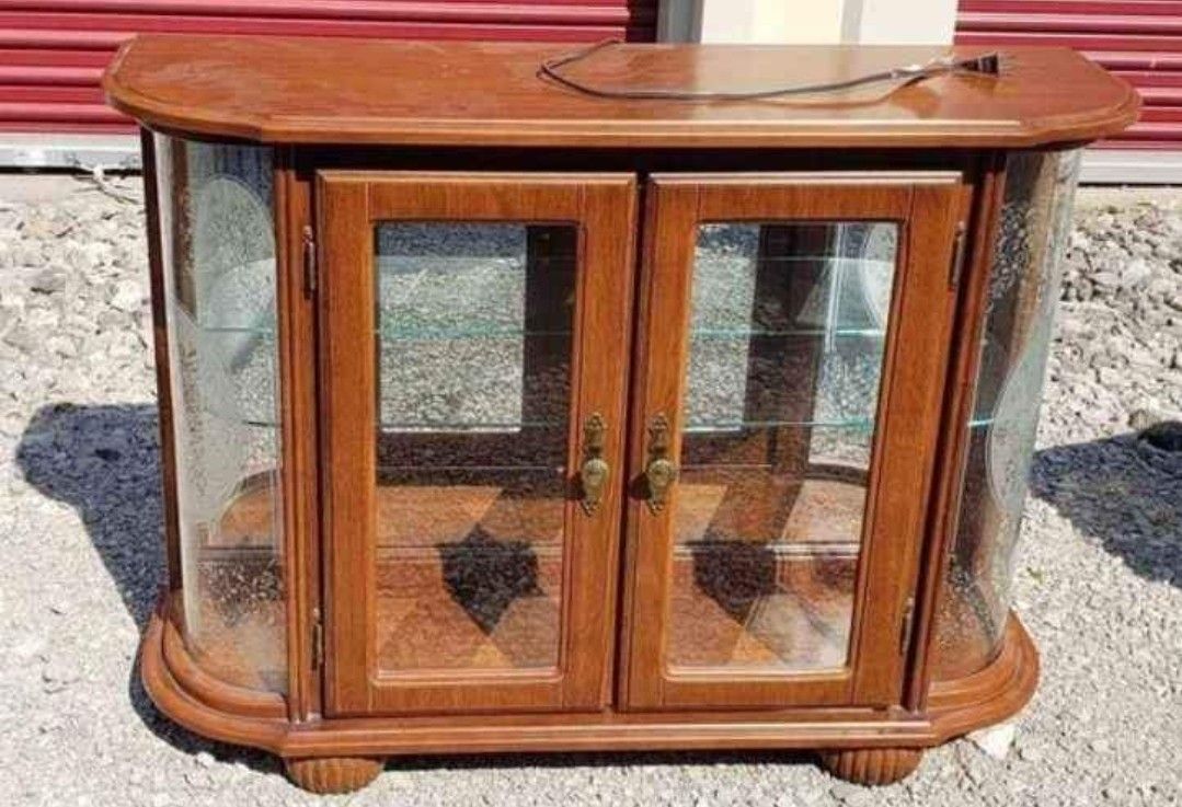 Wood Curved Glass Display Cabinet Side Stand - Lighted