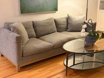 Crate & Barrel Gray 3-Cushion Sofa with Wood Legs