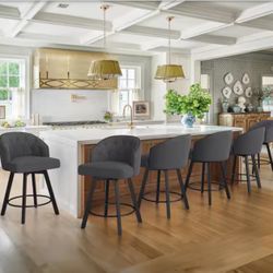 Arturo 26 in.Dark Gray Linen Fabric Upholstered Swivel Bar Stool with Metal Frame Nailhead Counter Barstool Set of 6