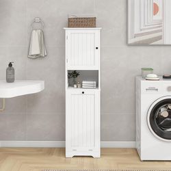 Laundry Cabinet, 55-Inch Tall Bathroom Storage Cabinet, Laundry Room Closet with Shelves and Laundry Basket, Laundry Room Rack, Organizer