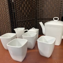 Tea Coffee Set Kettle Pot Sugar Creamer 4 Cups White 