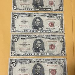 I am selling four collectible red five-dollar bills from the same year, 1963. I am asking for $25 each, the price is firm.