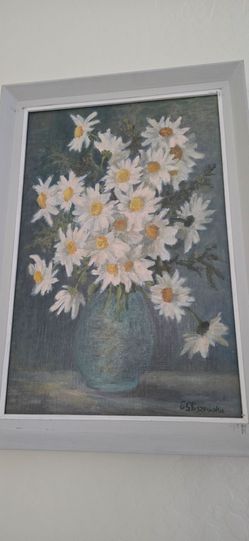 Original Signed Oil Painting Daisies in Vase