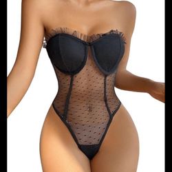 Bodysuits for Women Mesh Sheer Frill Trim Strapless Bustier Tube Bodysuit Tops