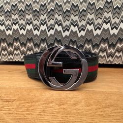 GUCCI MEN'S BLACK RED & GREEN WEB BELT WITH SILVER G BUCKLE SIZE 105 AUTHENTIC