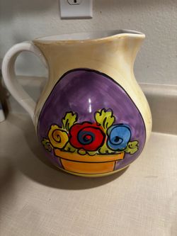 Hand-Painted Ceramic Pitcher with Floral Design