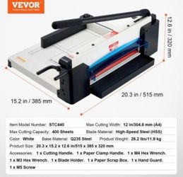 Heavy Duty Paper Cutter, 12" Industrial Commercial Guillotine Paper Cutter for A4 Paper, 400 Sheet Capacity, Solid Steel Construction, Stack Paper Tri