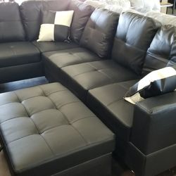 Contemporary Black Leather Sectional 