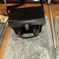 Vintage large black leather Camera, Hard Case With Apartments And Handle Japan.