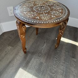 Late 19th Century Antique Anglo Indian Mughal Teak Inlaid Round Side Table