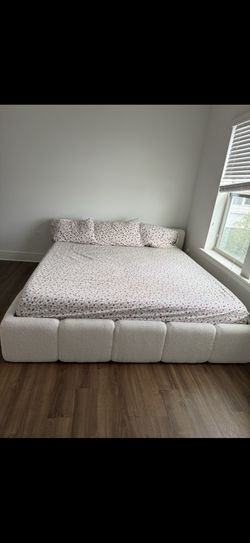 Modern Upholstered Bed Frame Block Style Grounded with Thick Headboard, Lowprofile Wingback  - Originally $700+