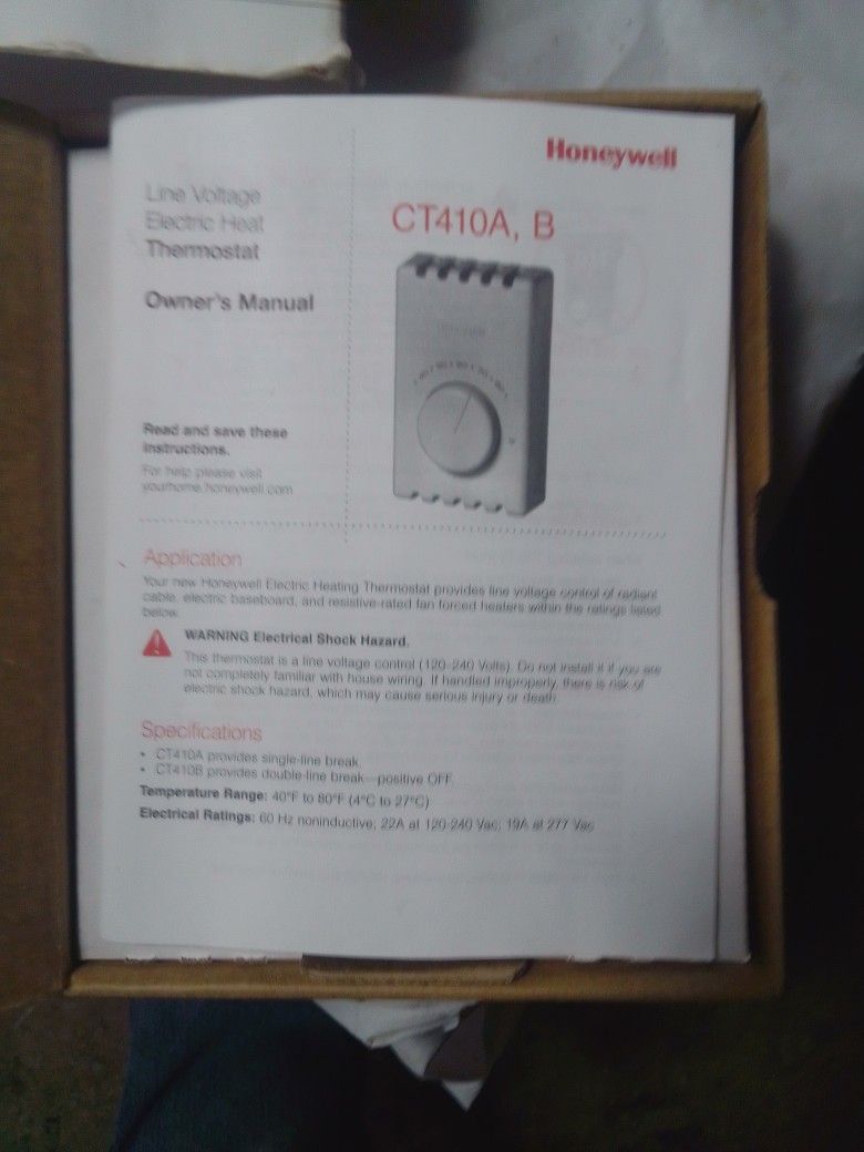 Honeywell CT410A, B Line Voltage Electric Heat Thermostat.