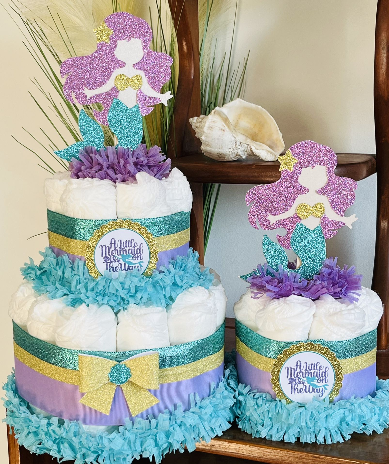 MERMAID turquoise and purple baby shower diaper cakes