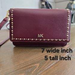 MICHAEL KORS Burgundy Studded Luxury Designer Leather Phone Crossbody Clutch Bag