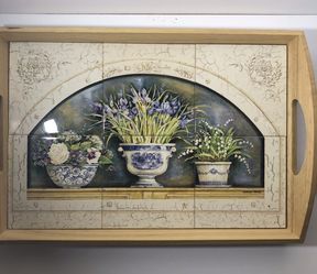Kathryn White Wood and tile floral serving tray