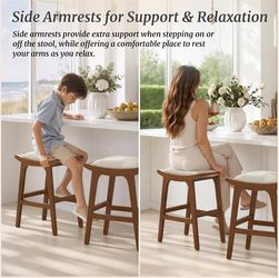 Height Bar Stools Set of 3, Modern Farmhouse Bar Chairs with Solid Wood Legs & Footrest, Upholstered Barstools, Fabric in Linen