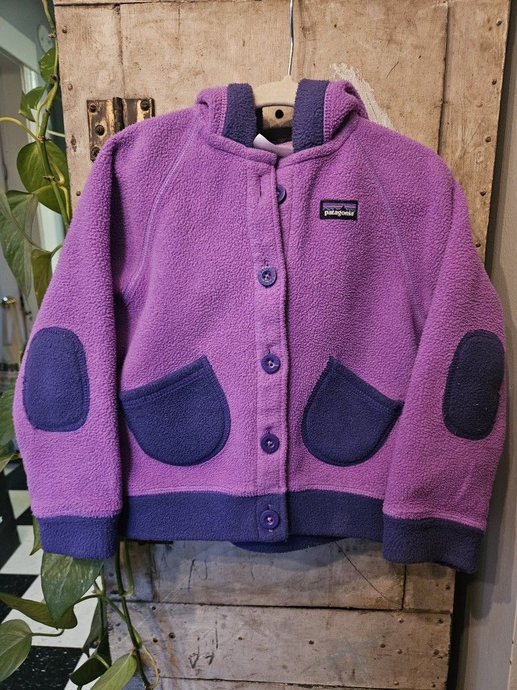 Patagonia Purple Fleece Elf Hood Jacket with Elbow Patches 
Size 3T 