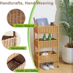 3-Tier Rattan Storage Rack, 23.6in Tall Rattan Standing Shelf Organizer, Multipurpose Hand-Woven Shelving Unit for Laundries, Kitchen, Bathroom, Bedro
