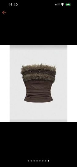 Brown Faux Fur Trim Strapless Tube Top