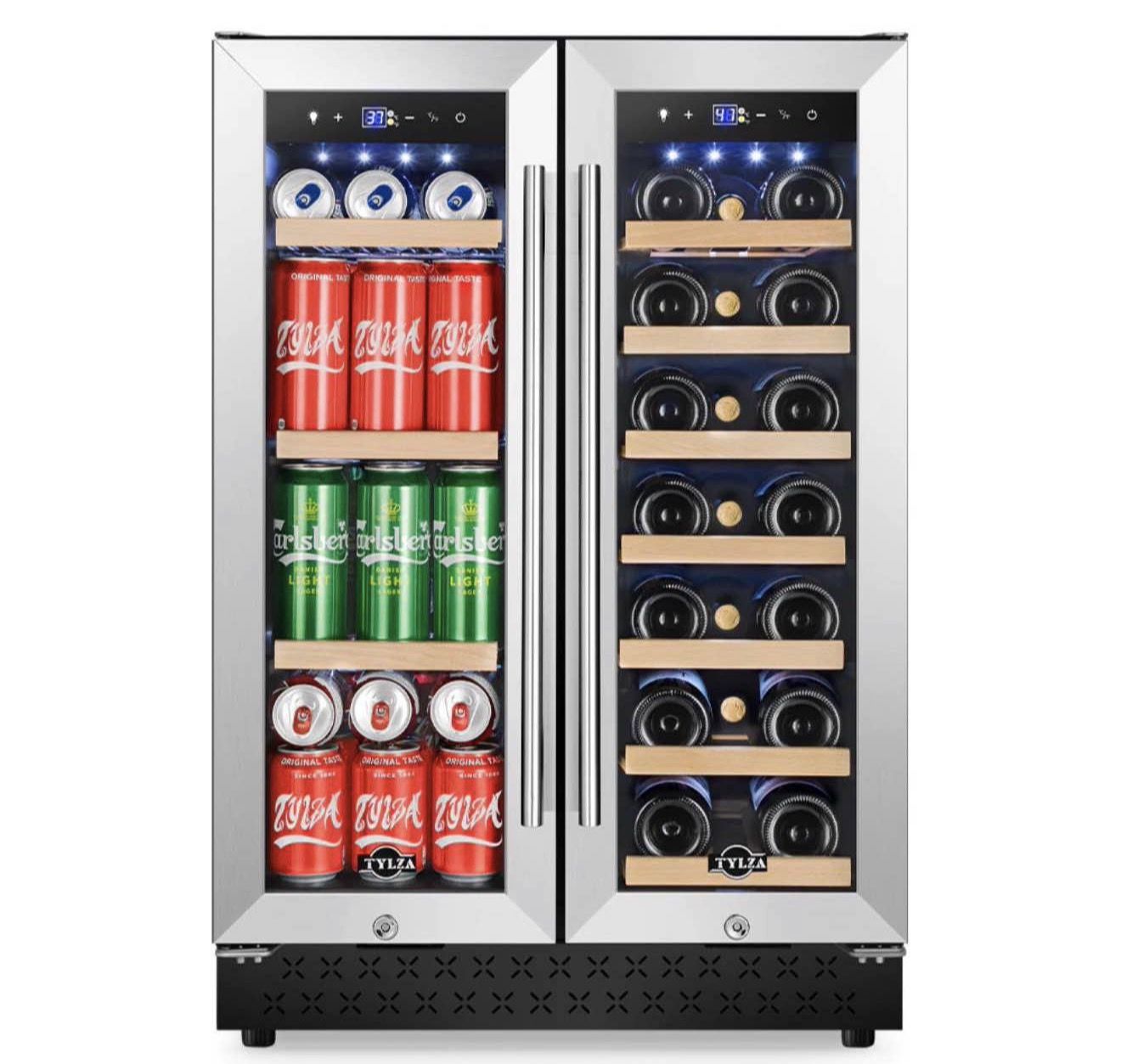 H35 W23.5 D 22.5 Wine and Beverage Refrigerator Under Counter, Dual Zone Black Beverage Fridge with Glass Door&Lock,20 Bottles & 88 Cans Wine and