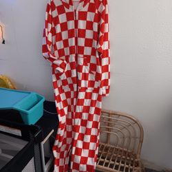 Red White Checkered Onesie Snap Bottom Hoodie Men's Women's Fitted Feet Size Large/extra Large