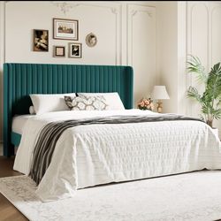 Wingback Velvet Upholstered Platform Bed Frame, Vertical Channel Tufted Headboard