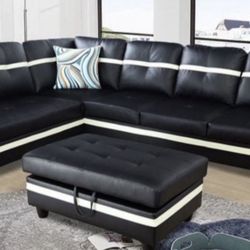 Black Leather Sectional Couch And Storage Ottoman 