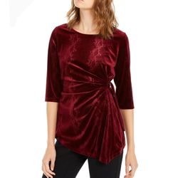 NWT women’s Alfani velvet asymetric ruched maroon top Size Small