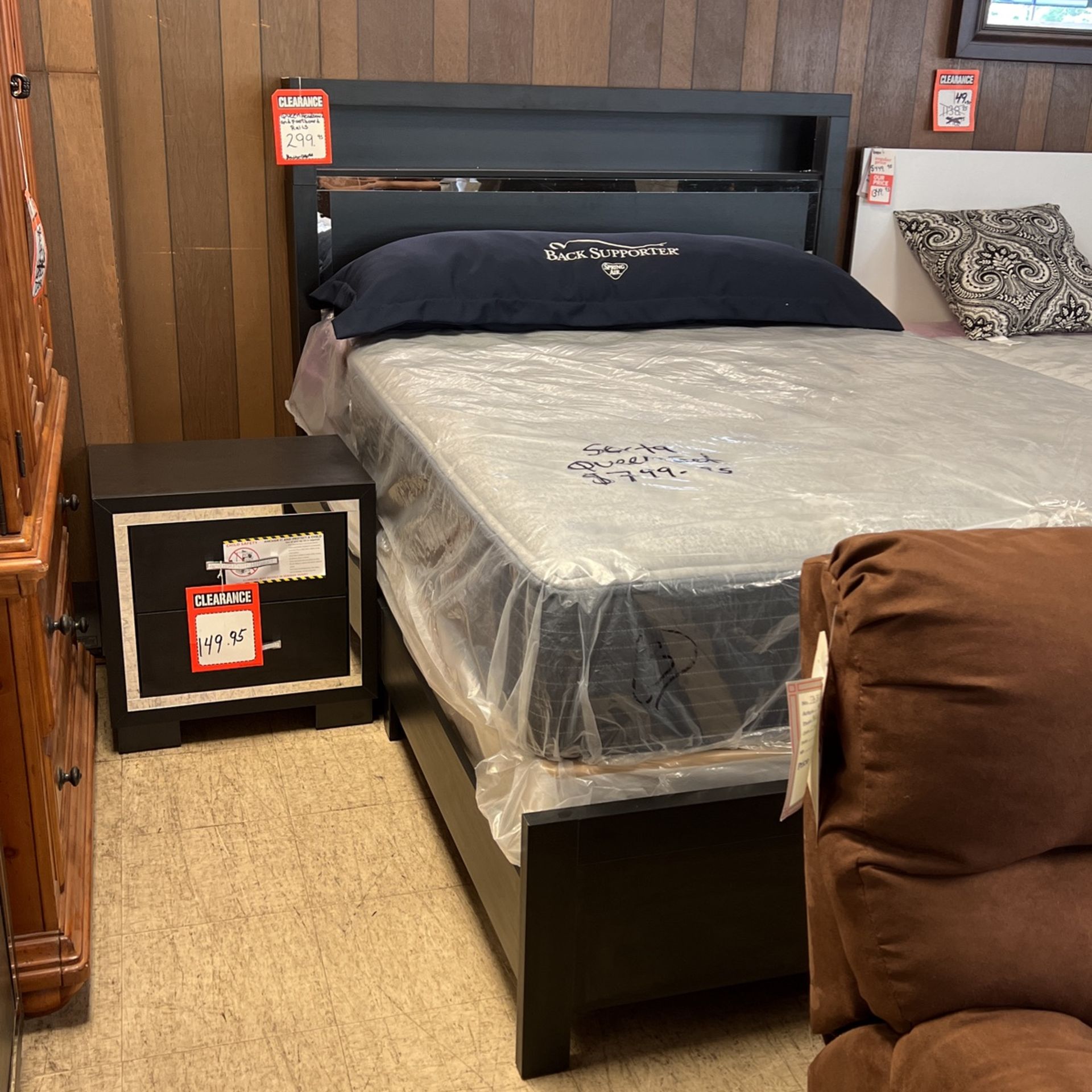 Brand, new queen, headboard, footboard rails, dresser, mirror, and nightstand for 899