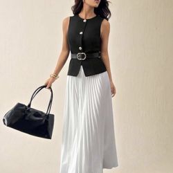 2pcs Women's Elegant Commuting Vest And Pleated Skirt Set