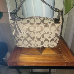 Coach Pouch Tote Signature Purse Bronze Metallic Python Trim