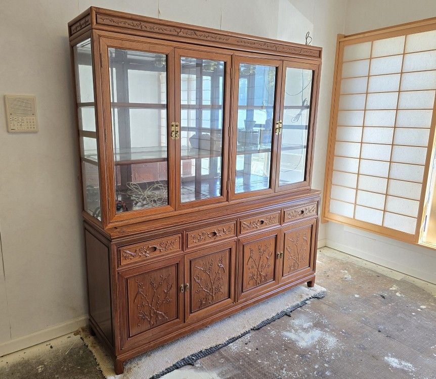 Solid Rosewood Hutch with Cabinet, carved Flowers & Birds - $600.00