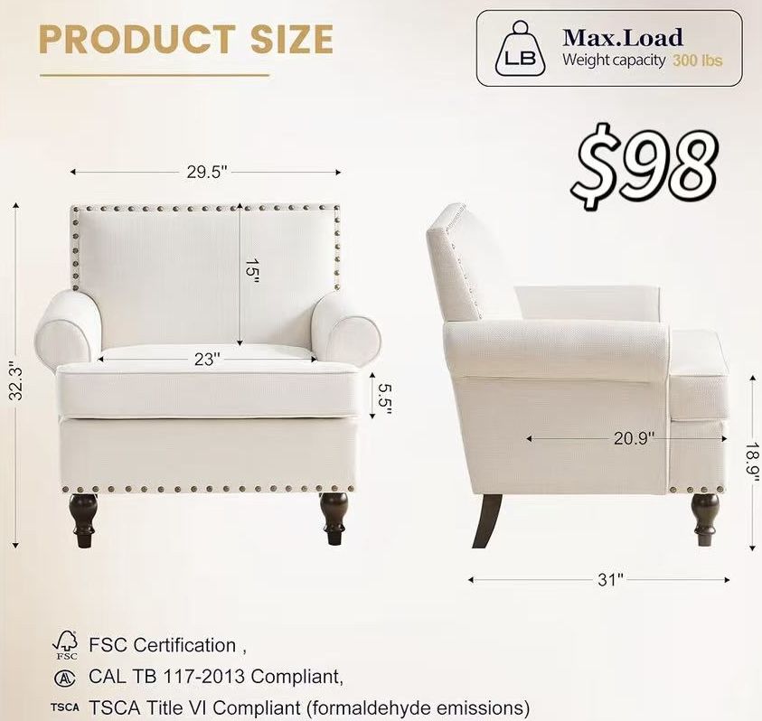 ✌️ 1Pcs HUIMO Accent Chair, Mid Century Modern Armchair, Upholstered Sofa Chair, Beige Sturdy Living Room Chairs, Comfy Reading Chair, with Rivet