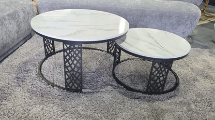 2 PIECE COFFEE TABLE BLACK AND WHITE FAUX MARBLE TOP