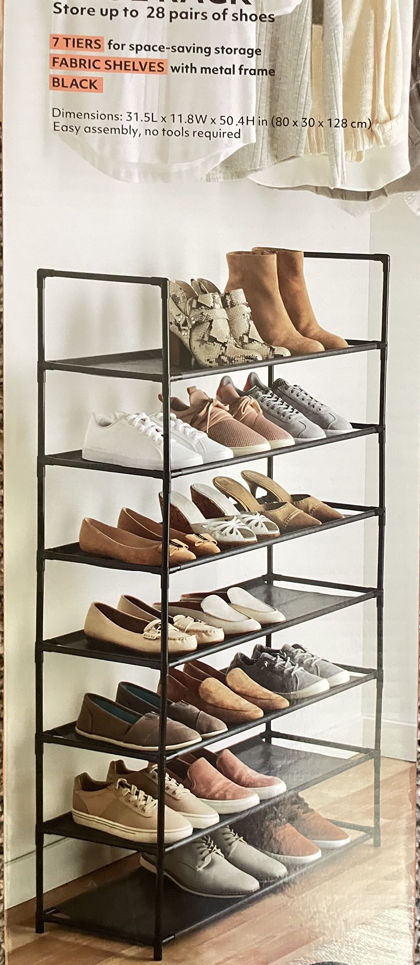 7-Tier Simple Function Shoe Rack – Fabric Shelves, Metal Frame, Holds 28 Pairs