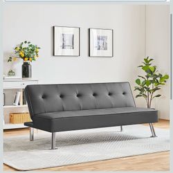 Convertible Sofa Couch Futon Bed Faux Leather Sofa Bed Sleeper Adjustable Loveseat Futon Couch Living Room Furniture with Chrome Metal Legs, Gray