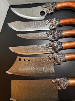 Lion Head Kitchen Knife Set 7 Piece Hammered Damascus Pattern Wood Handles New