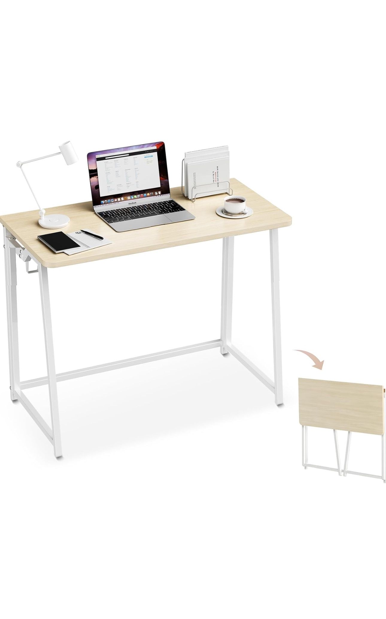 Compact folding desk with a white metal frame and light wood top