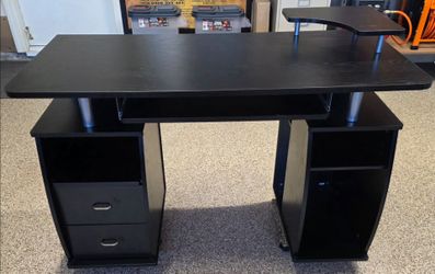 Black Computer Desk with Drawers and Monitor Shelf
