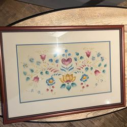 Framed Folk Art Floral Print – Hand-Painted Style – 25” x 17.5”
